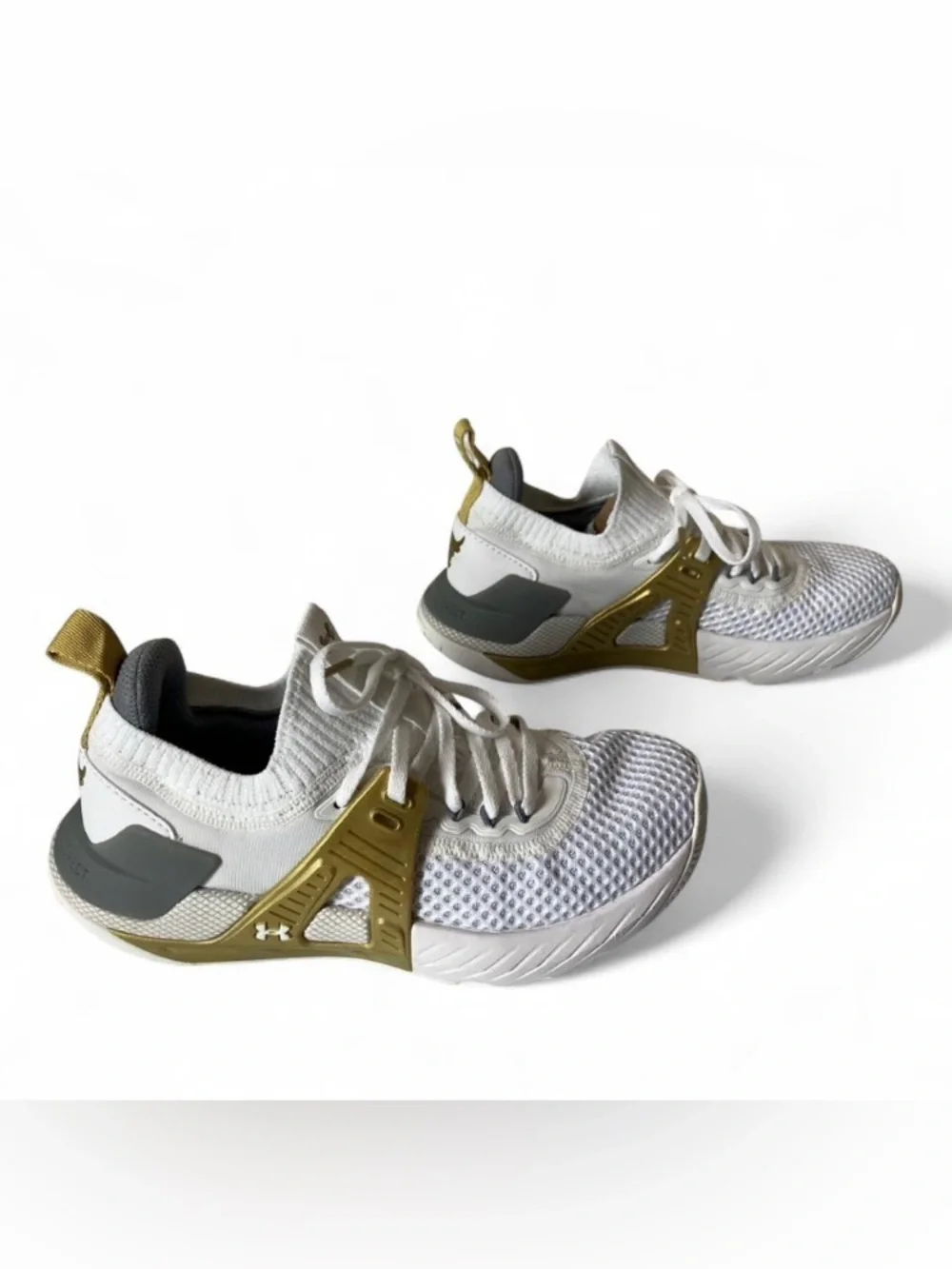 Under Armour Project Rock 4 White Metallic Gold Knit Trainer Sneakers size 5.5